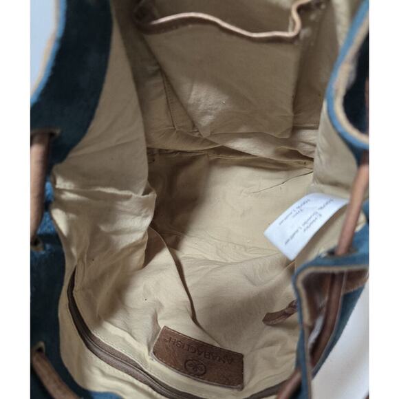 Anabaglish Suede/Leather Drawstring Hobo Shoulder Bag Purse Teal with Brown Trim - Picture 12 of 15